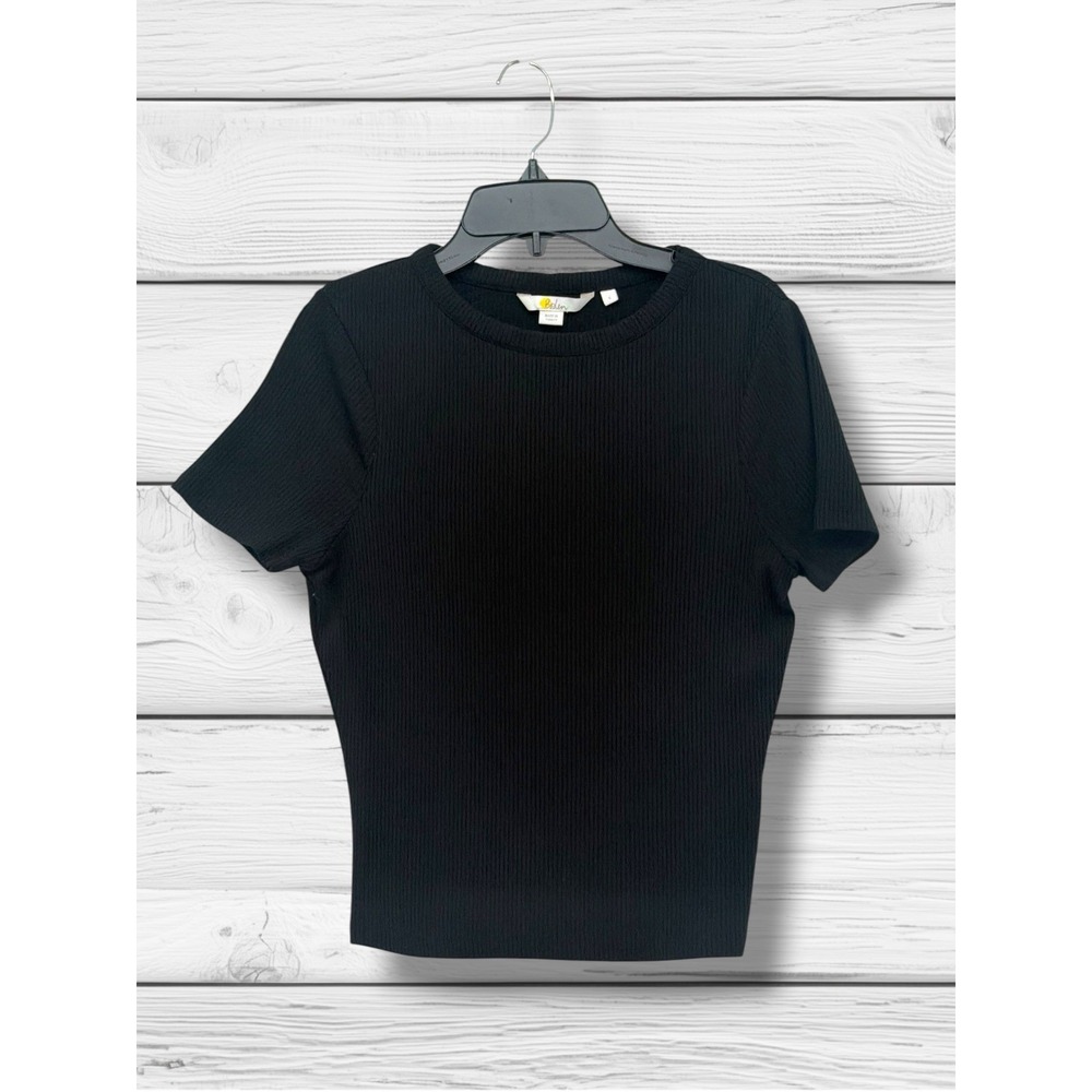 Boden Ribbed Knit Short Sleeve Crew Neck Top Black Size S